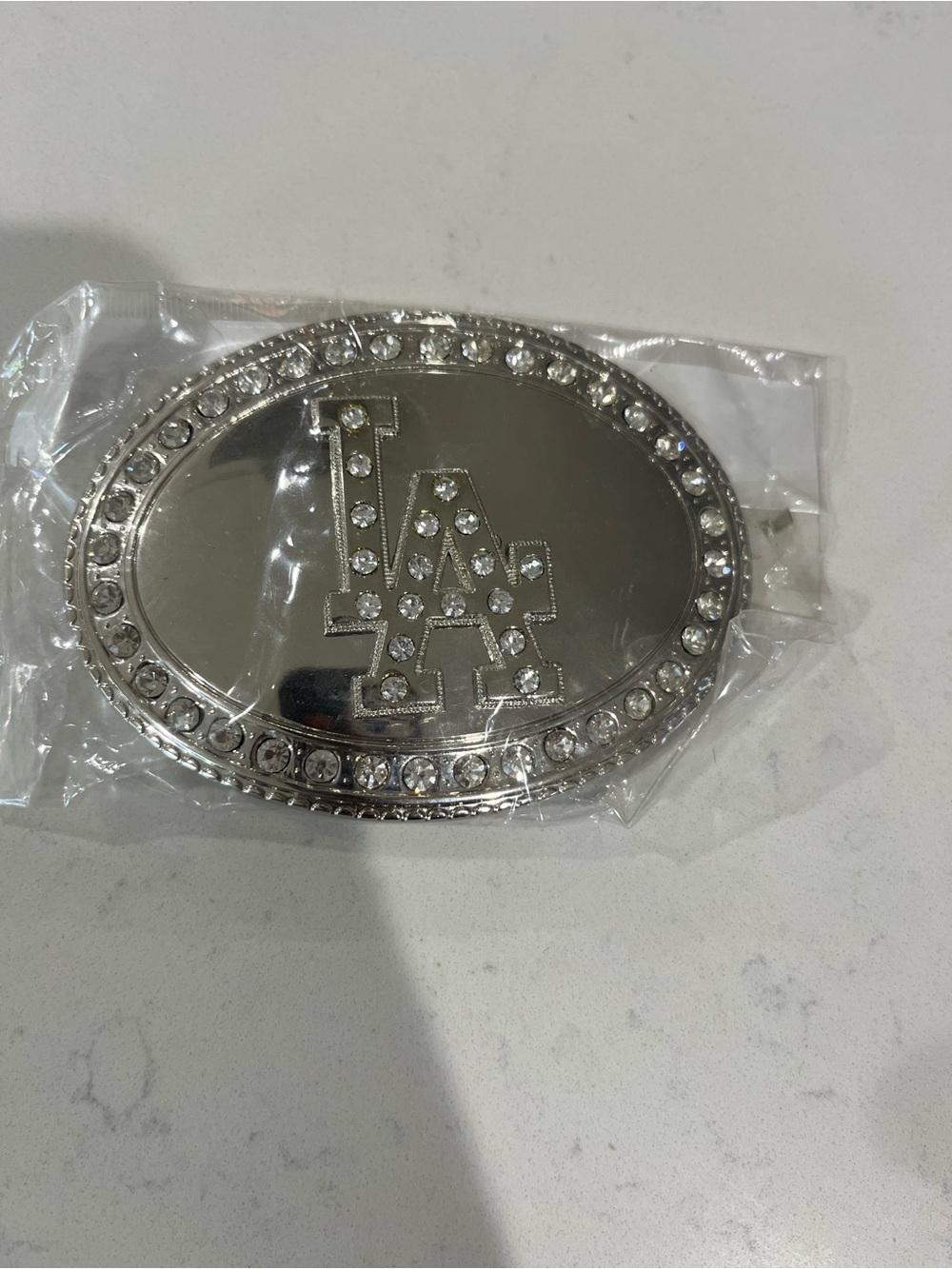 Rhinestone LA Logo Oval Belt Buckle - Silver